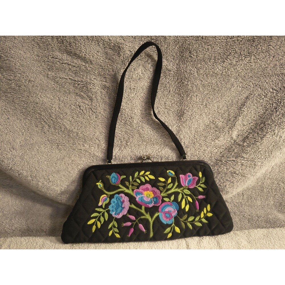 Vera Bradley Black Quilted Embroidered Floral Kisslock Handbag Clutch Vintage